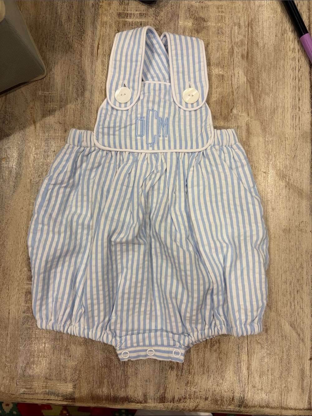 Blue and White Striped Baby Bubble Romper with initials “OCM”